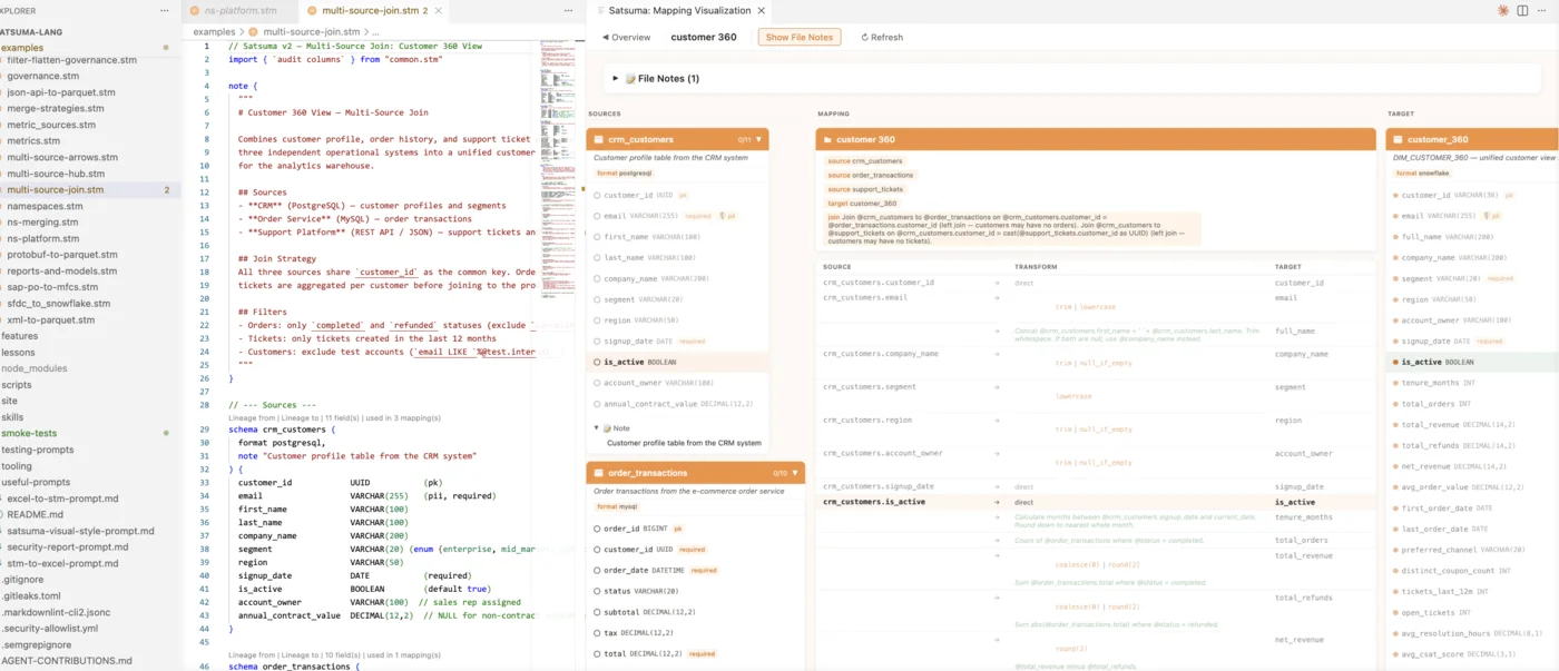 Satsuma VS Code extension mapping detail view showing source and target schema cards with field-level arrow connections